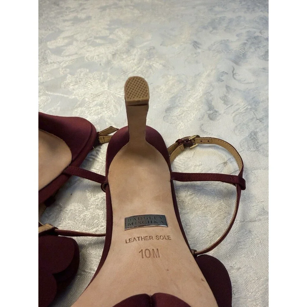 Badgley Mischka Heels Womens Randee Ruffle Flower Ankle Strap Satin Dark Red 10M